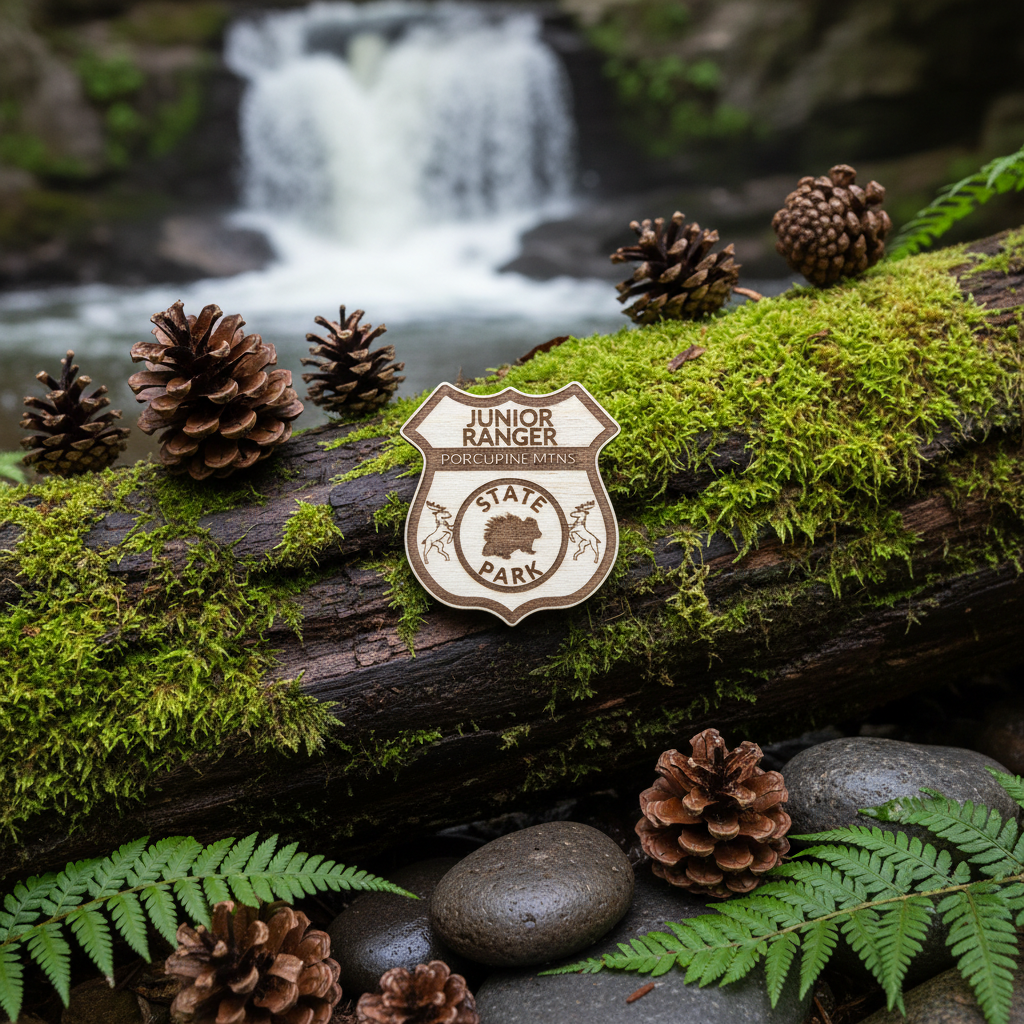 Junior Ranger badge on a log with pine cones and a waterfall in the background