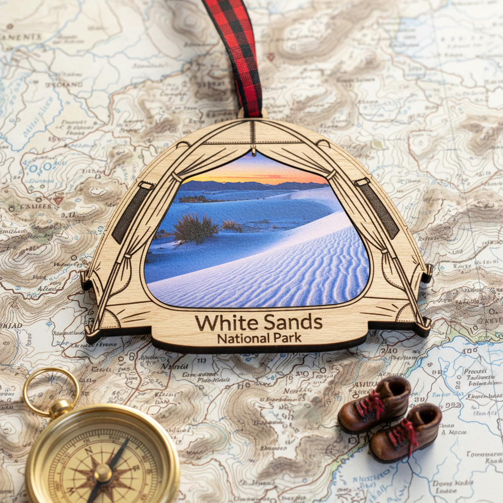 A wooden ornament shaped like a tent with a printed scenic insert of White Sands National Park, displayed on a vintage map with a compass, pocket watch, and miniature shoes.