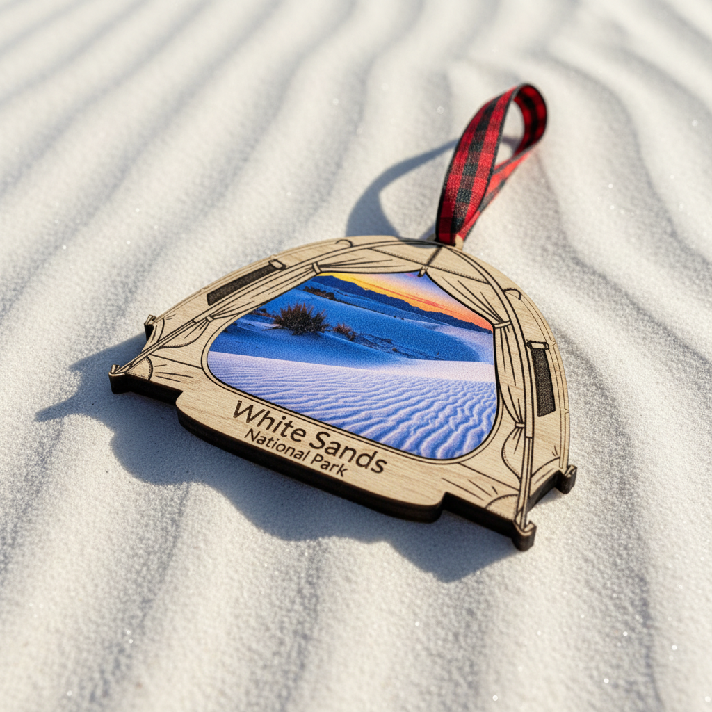 A wooden ornament shaped like a tent, featuring an inset photo of White Sands National Park and a red-and-black plaid hanging ribbon, photographed on white sand.