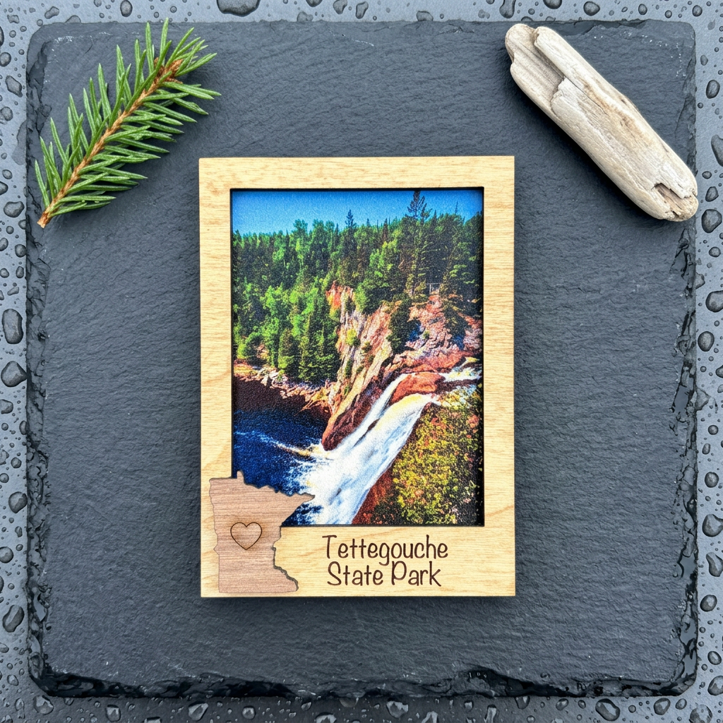 Tettegouche layered art scene magnet featuring a waterfall artwork design on rain-speckled slate with spruce accents