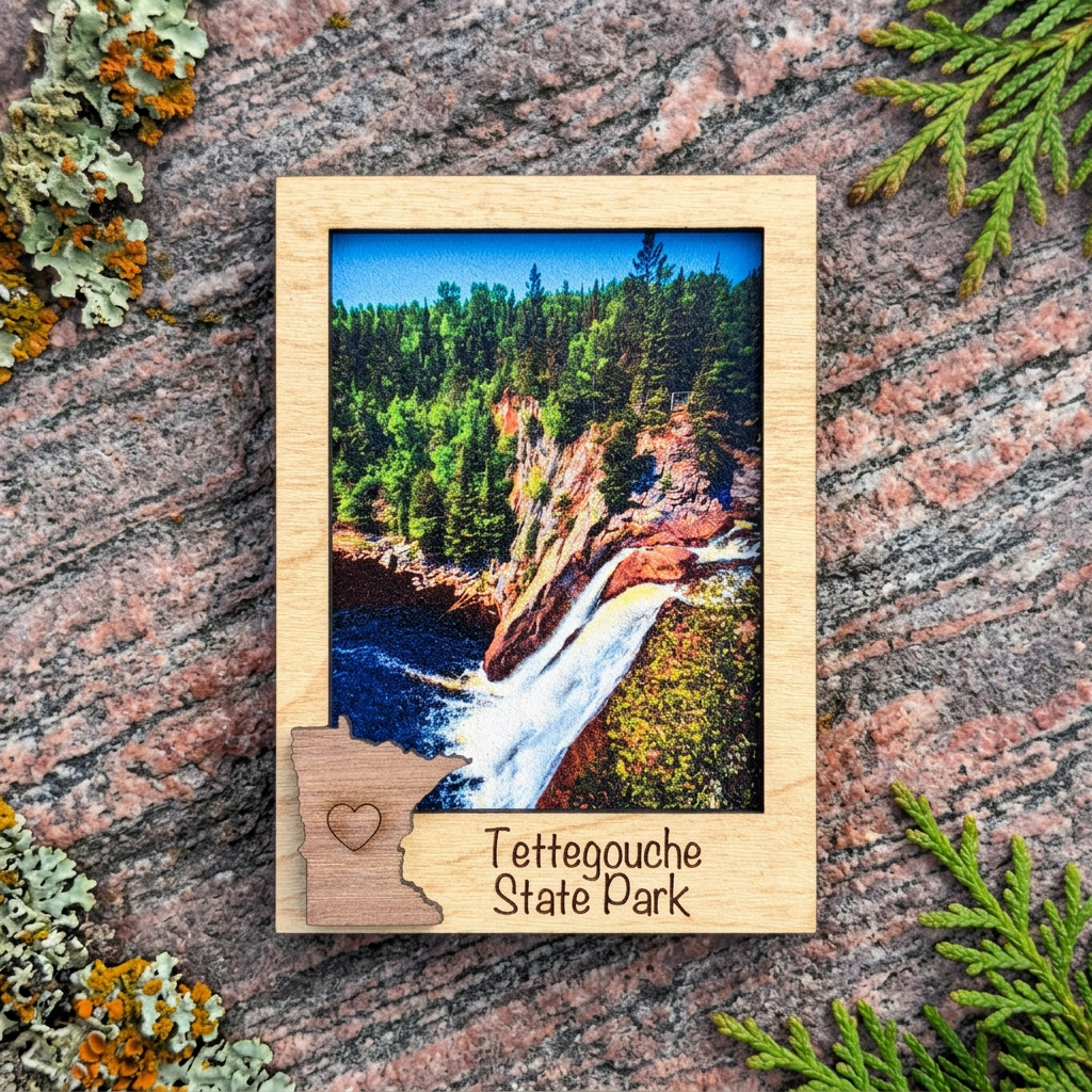 Tettegouche layered art scene magnet featuring a waterfall artwork design on textured rock with lichen and cedar