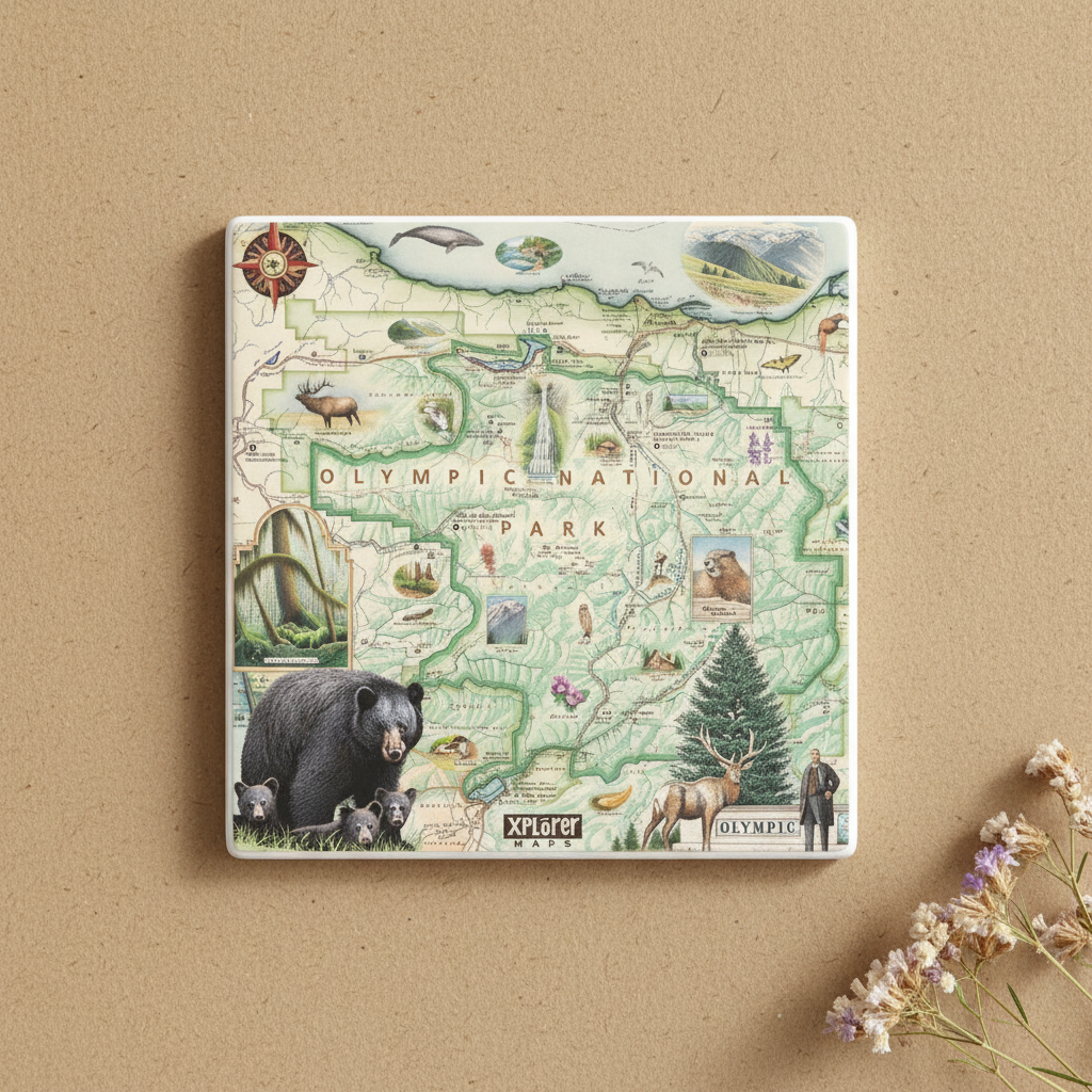 A square ceramic coaster featuring an illustrated map of Olympic National Park with wildlife and scenic details, displayed on a textured beige background with dried flowers in the corner.