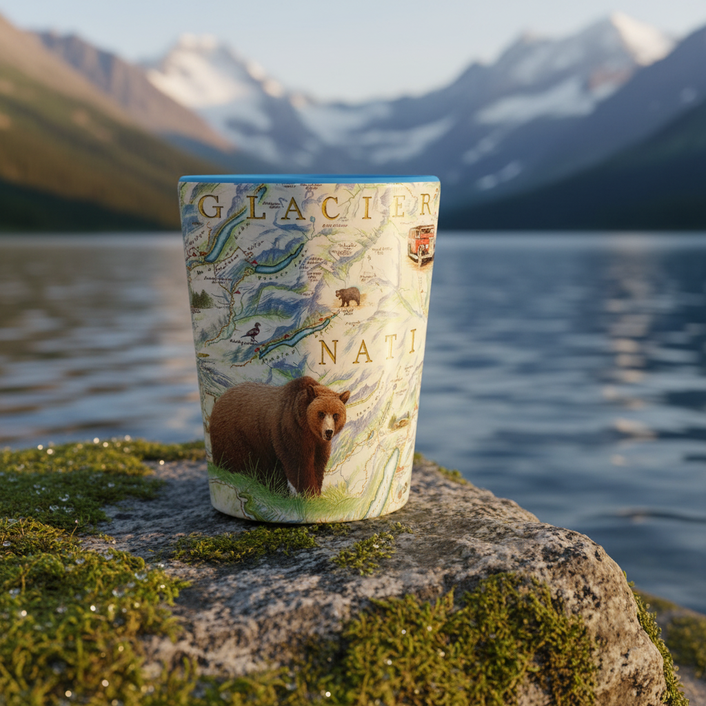 Glacier national Park map theme shot glass sitting on a moss covered rock with an Alpine lake and mountains in the background