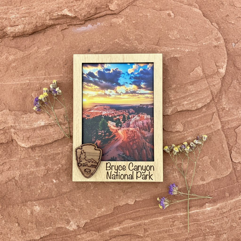 A rectangular wooden magnet with a colorful landscape print of Bryce Canyon National Park, displayed on a textured brown rock surface with small wildflowers. The frame has a laser-engraved park logo and text reading 'Bryce Canyon National Park'.
