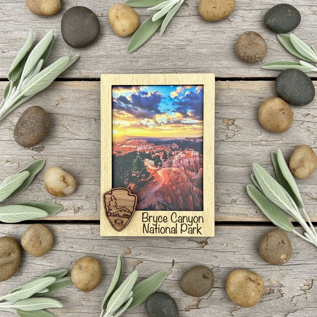 A rectangular wooden magnet with a Bryce Canyon National Park sunset print, placed on a rustic wood surface and surrounded by decorative stones and sage leaves. The frame is engraved with the Bryce Canyon National Park text and a small park logo.