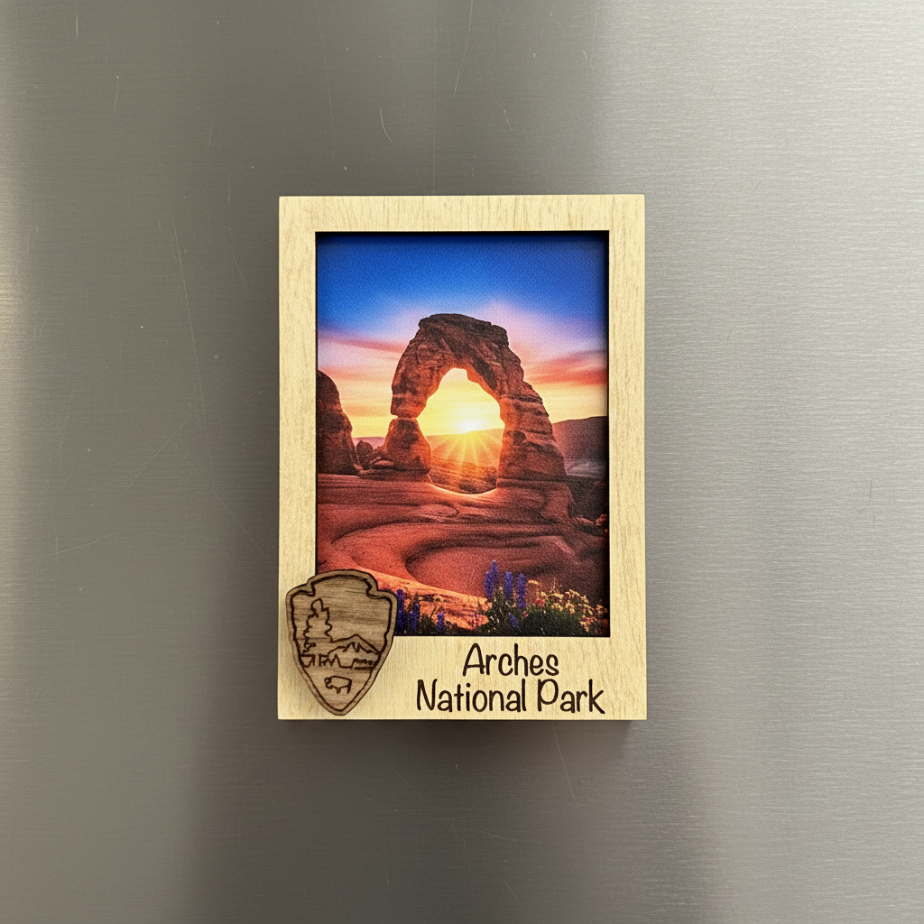 A rectangular wooden magnet featuring a photo of Delicate Arch National Park at sunset, with a laser-engraved shield logo and the text 'Arches National Park' on the bottom, shown on a brushed metal surface.