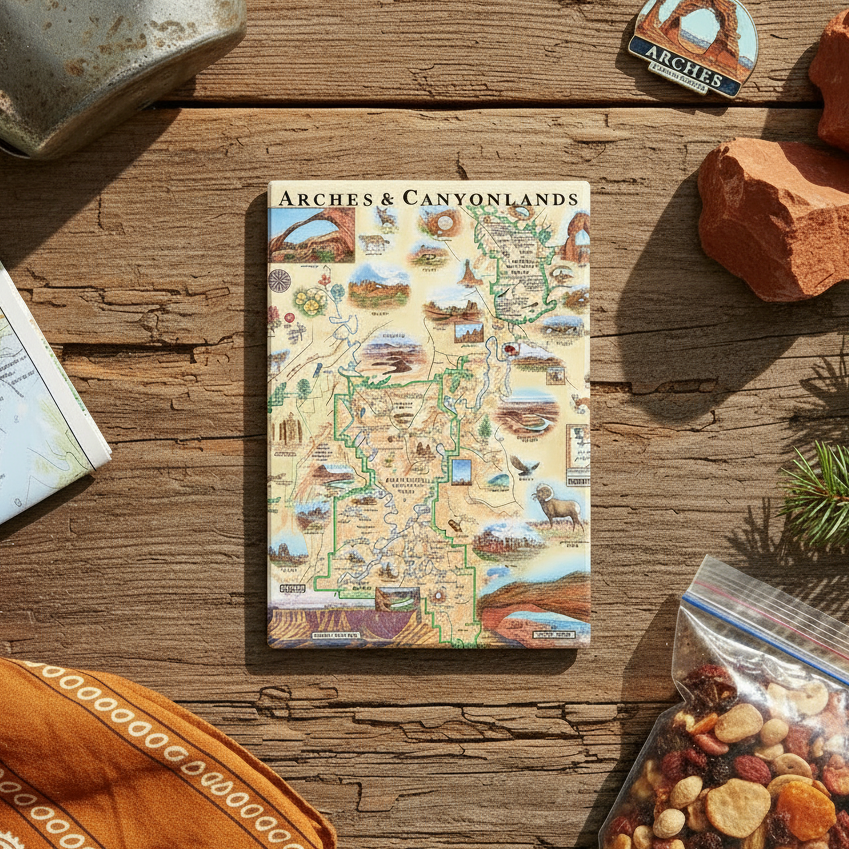 A rectangular map-style magnet "Arches & Canyonlands" lies on a rustic wooden surface, surrounded by outdoor props including a metal container, rocks, a folded map, pine branches, and a clear bag of trail mix.