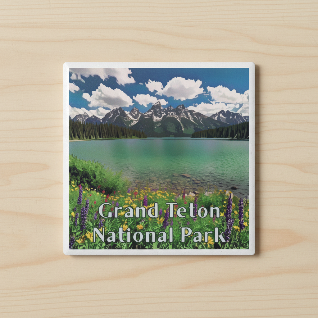 A square coaster featuring a scenic print of Grand Teton National Park, with a turquoise lake, snow-capped mountains, blue sky, and wildflowers, displayed on a light wood background.