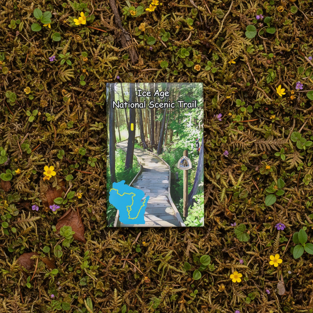 Ice Age trail magnet laying on a bed of moss with small wildflowers