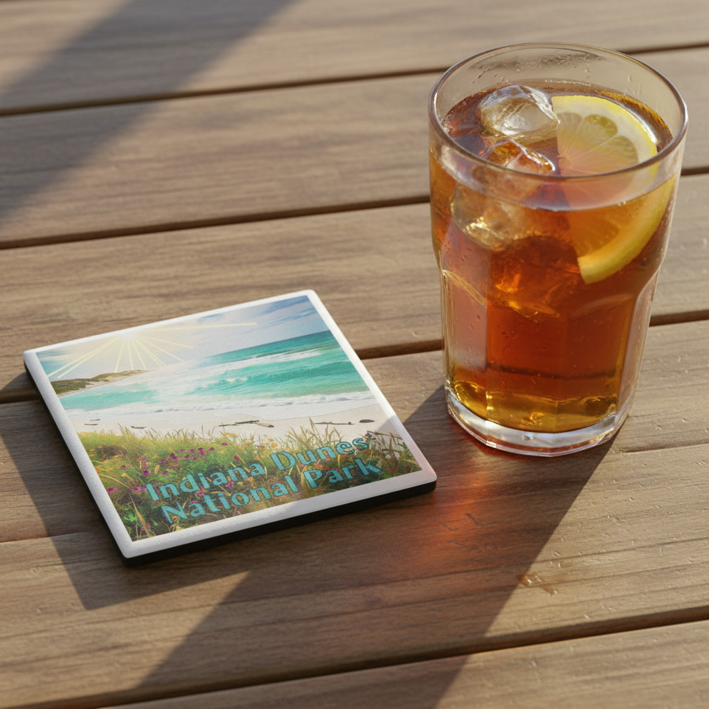 A square ceramic coaster featuring a scenic print of Indiana Dunes National Park, shown on a wooden table next to a glass of iced cola with a lemon slice.