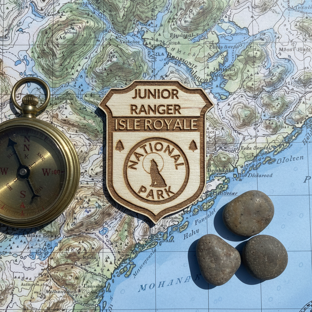 A wooden engraved badge reading 'Junior Ranger Isle Royale National Park' is displayed on a vintage nautical map alongside a brass compass and three smooth river stones.