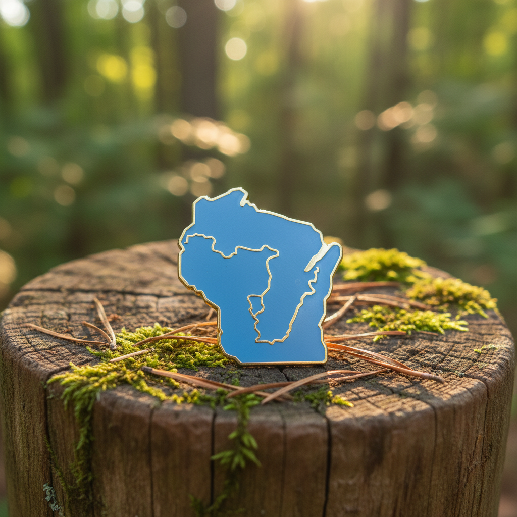 Blue enamel Wisconsin pin with Ice Age Trail route on a wooden stump with greenery