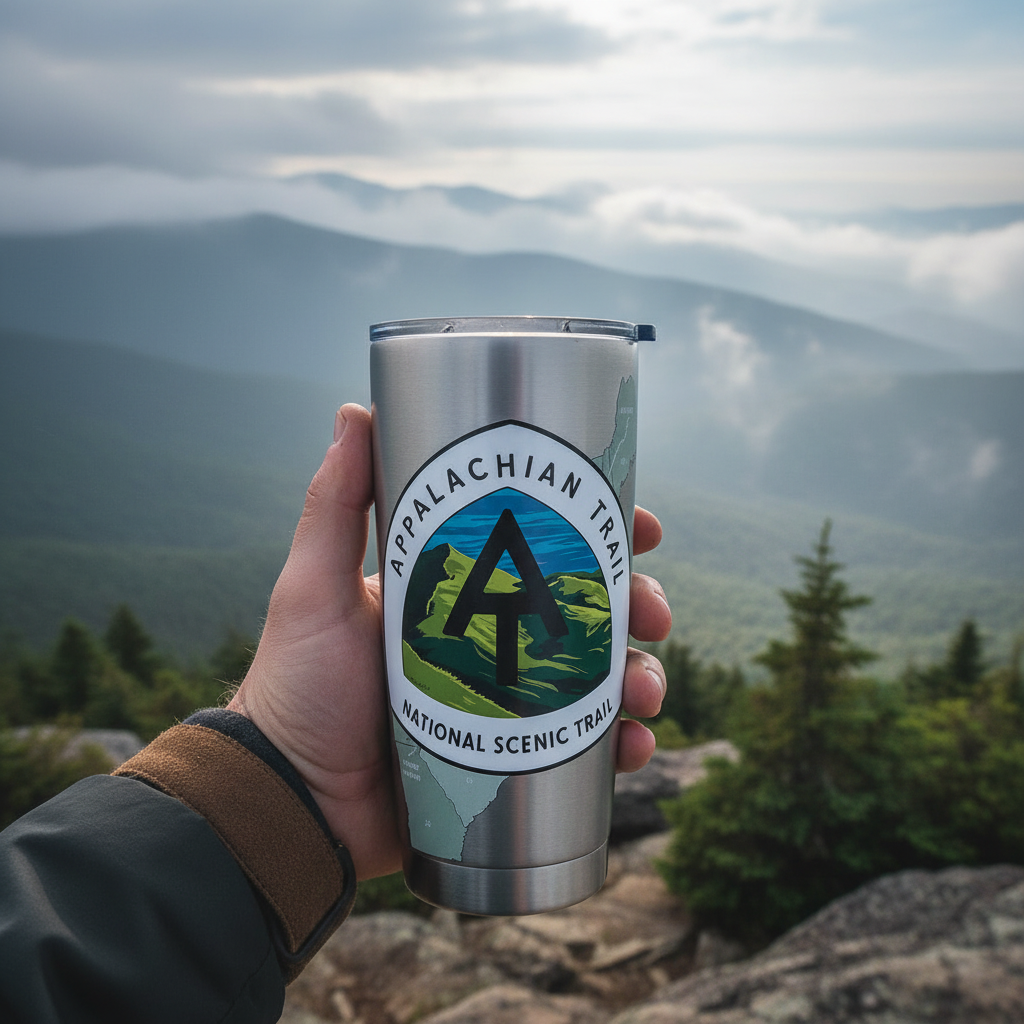 Tumbler held on mountain overlook with mountains and forest trees in the background.
