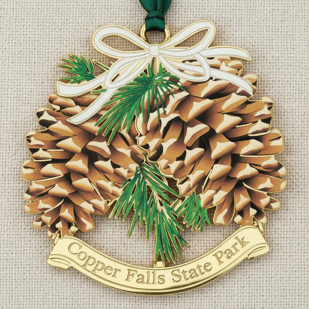 Pine cone ornament with greenery and 'Copper Falls State Park' banner on a textured background