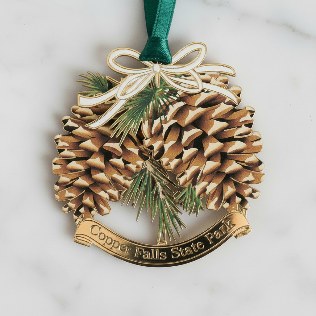 Pine cone ornament with green ribbon and 'Copper Falls State Park' banner on a white background
