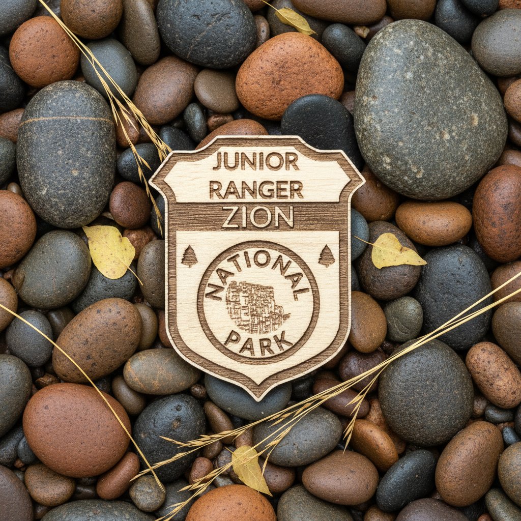 Zion national Park junior Ranger badge laying on smooth River stones