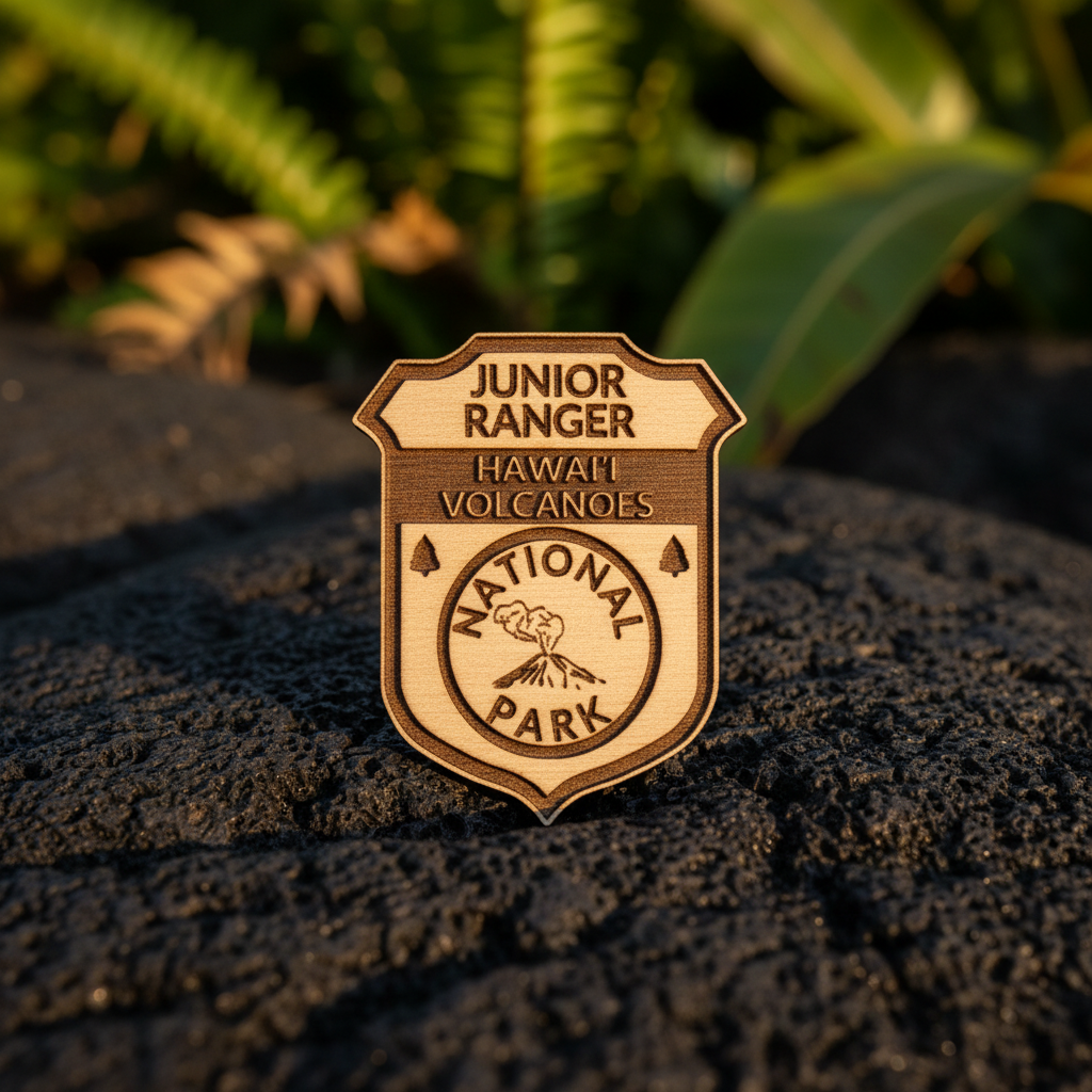 A wooden shield-shaped badge reading 'Junior Ranger Hawaii Volcanoes National Park' resting on dark textured volcanic rock with blurred green foliage in the background.