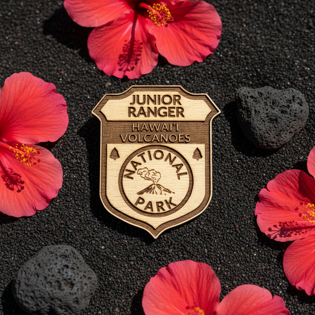 A wooden shield-shaped badge engraved with 'JUNIOR RANGER HAWAII VOLCANOES NATIONAL PARK' is displayed on black volcanic sand, surrounded by bright pink hibiscus flowers and small black lava rocks.