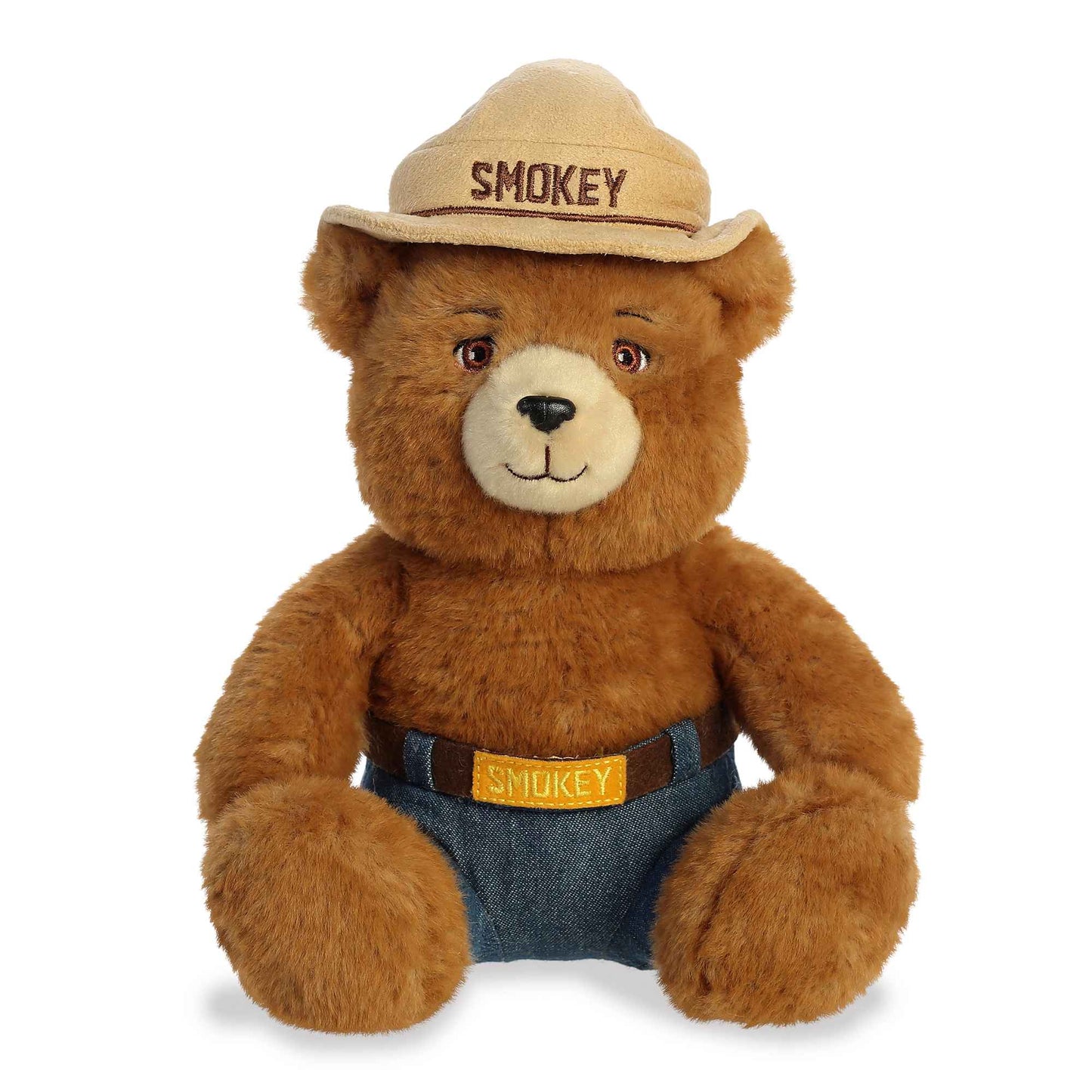 Plush bear wearing a Smokey bear hat and outfit on a white background