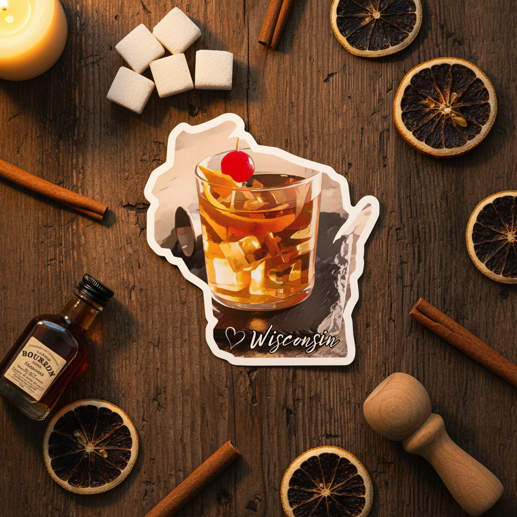 Decorative sticker of a cocktail with 'Wisconsin' text on a wooden surface with bourbon bottle, oranges, and cinnamon sticks.
