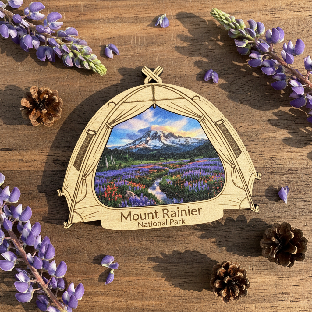 A laser-cut wooden ornament shaped like an open tent, featuring a colorful printed landscape of Mount Rainier National Park with purple wildflowers in the foreground. The words 'Mount Rainier National Park' are engraved at the bottom.
