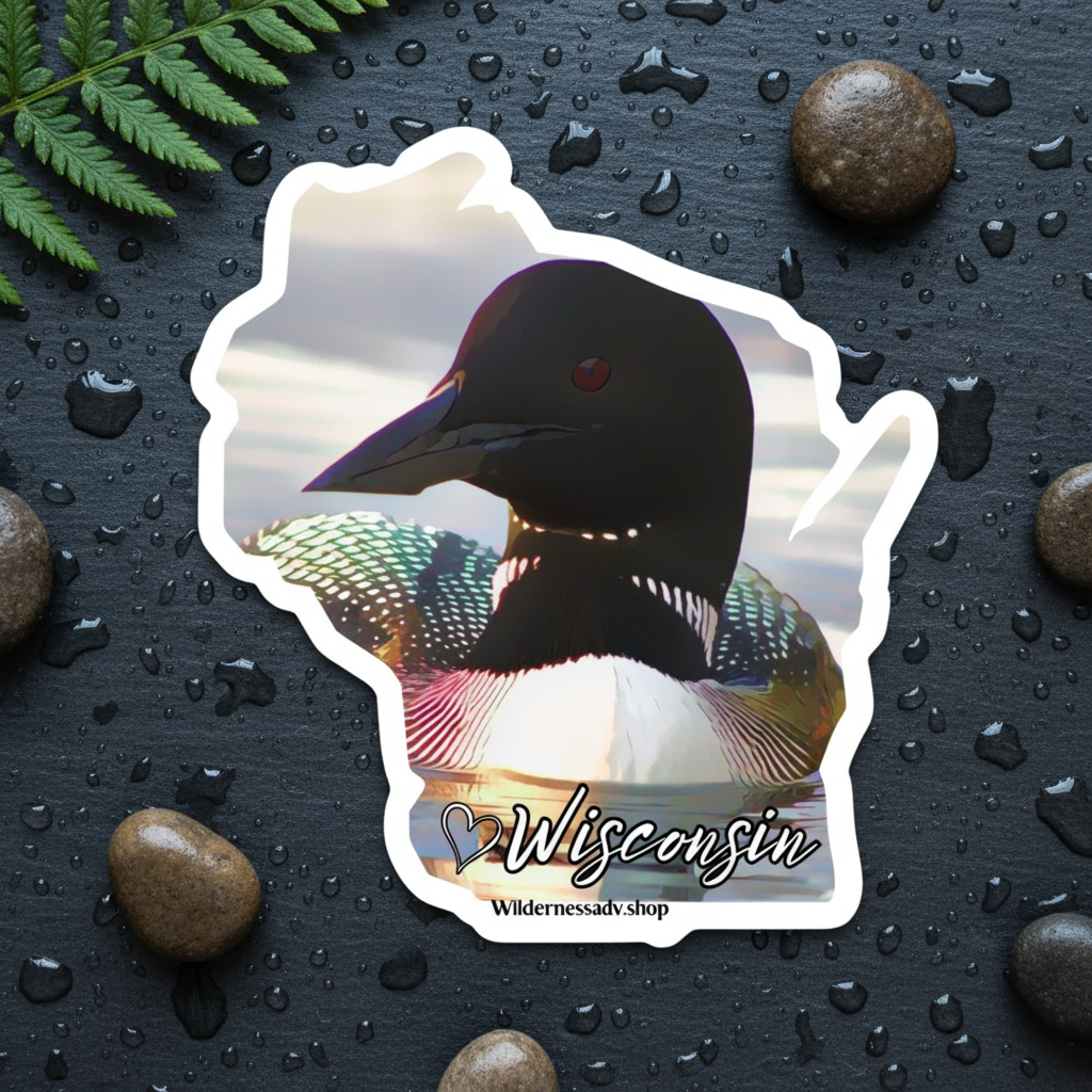 Sticker of a loon bird with 'Wisconsin' text on a dark surface with water droplets and rocks.