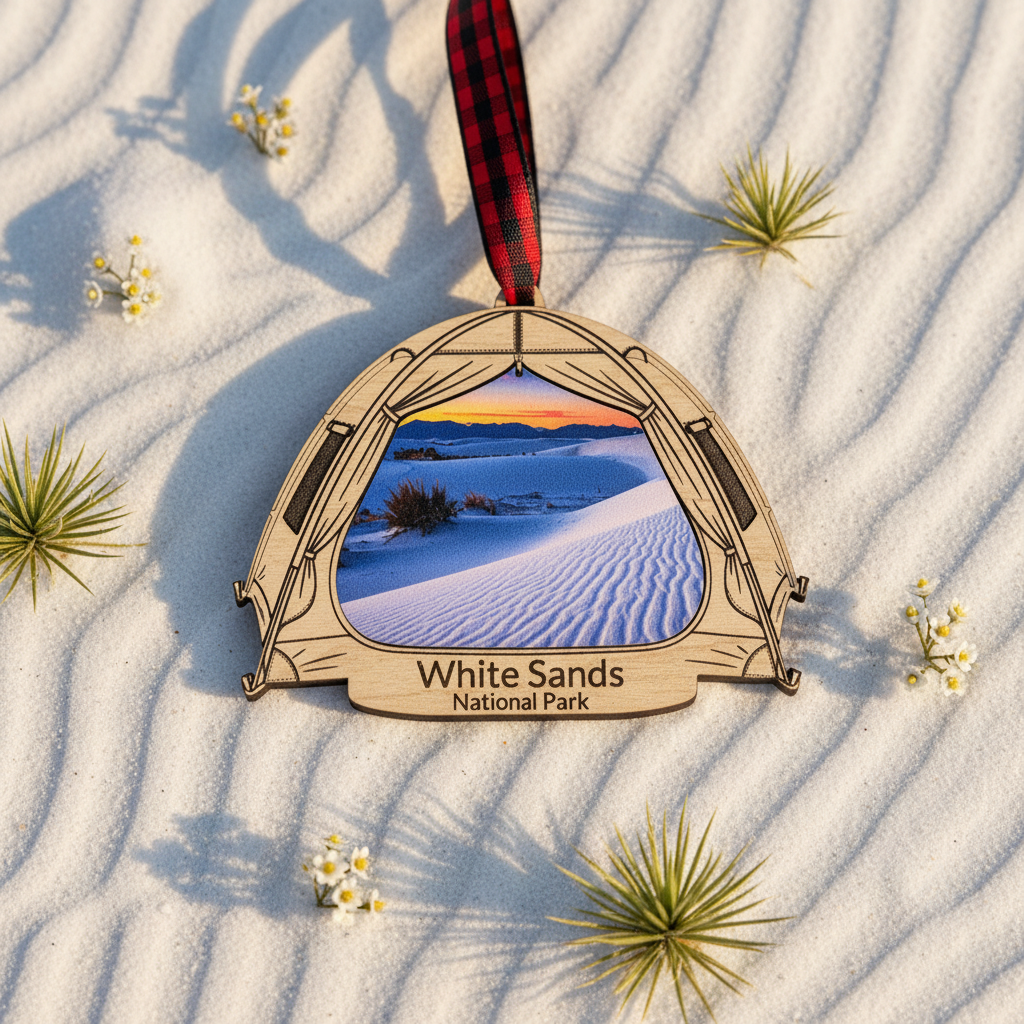 A camping ornament shaped like a tent, featuring a printed image of a white sand desert landscape labeled 'White Sands National Park,' hanging from a red-and-black plaid ribbon on white sand with small plants around it.