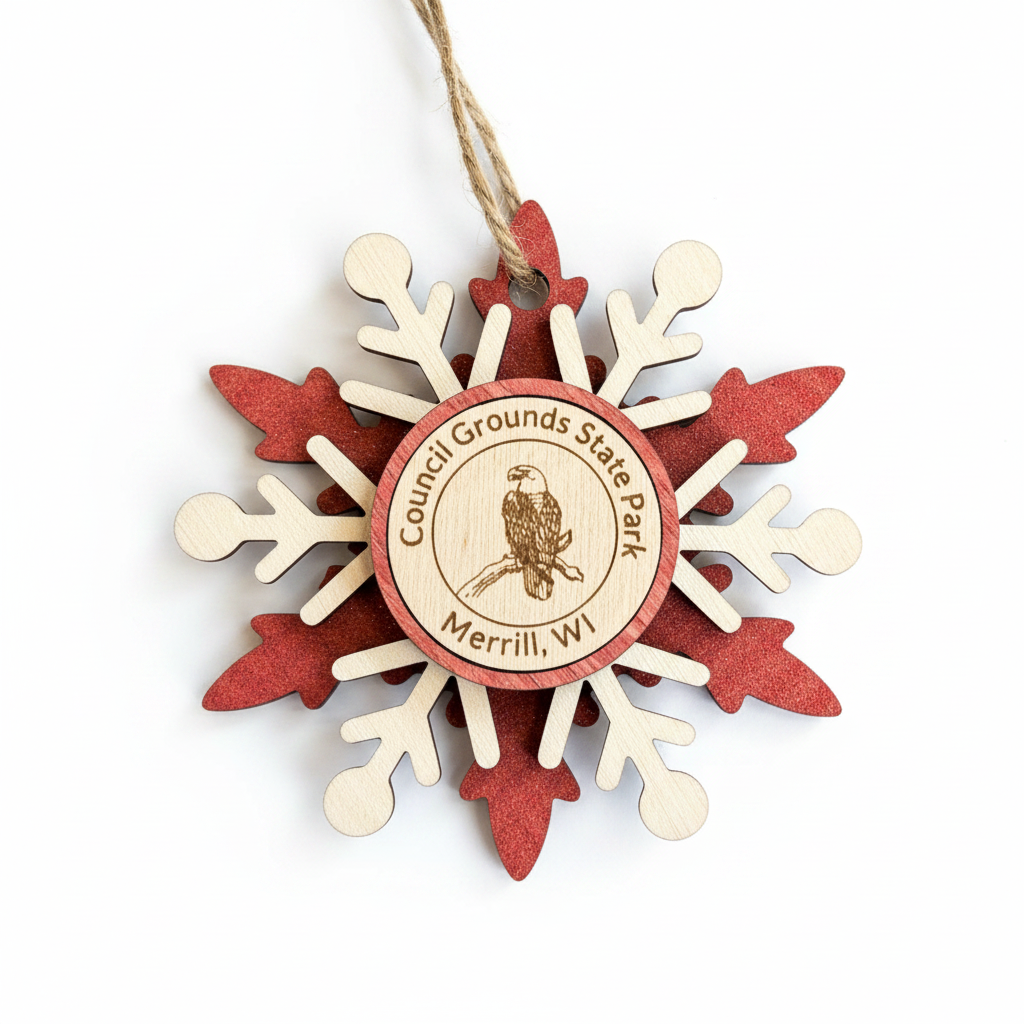 Wooden snowflake ornament with Council Grounds State Park logo on a white background