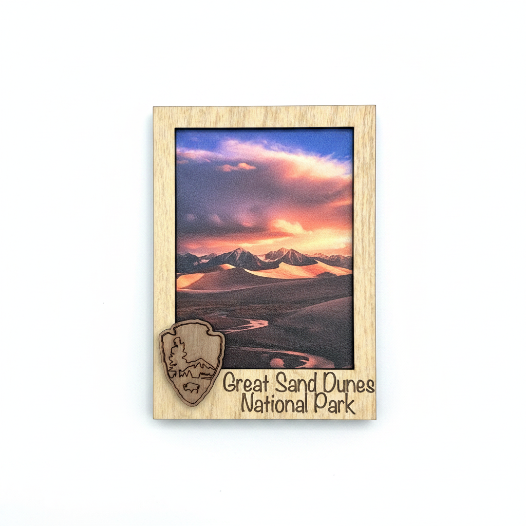 A rectangular wooden magnet featuring a landscape print of Great Sand Dunes National Park with a sunset sky, plus a laser-engraved park shield logo and text at the bottom left.