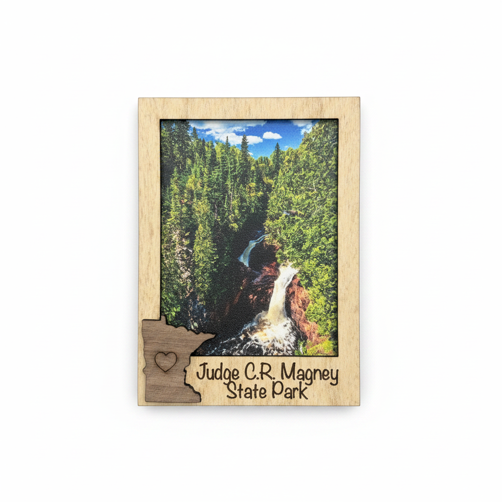 A personalized wooden magnet photo frame, featuring a landscape photo of Judge C.R. Magney State Park