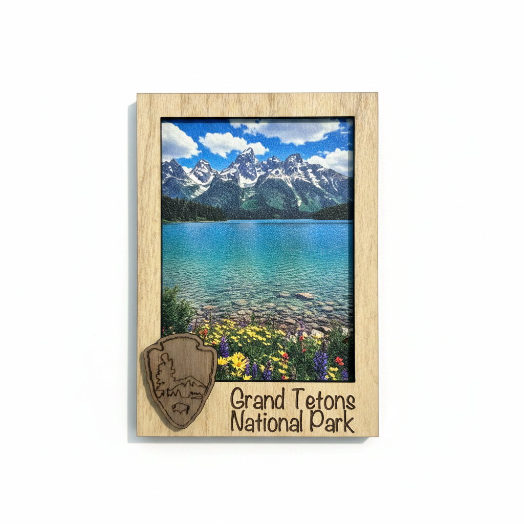 A rectangular wooden photo frame featuring a Grand Teton National Park landscape print with mountains, a blue lake, and wildflowers, plus a small engraved park badge and the text 'Grand Teton National Park' on the lower right.