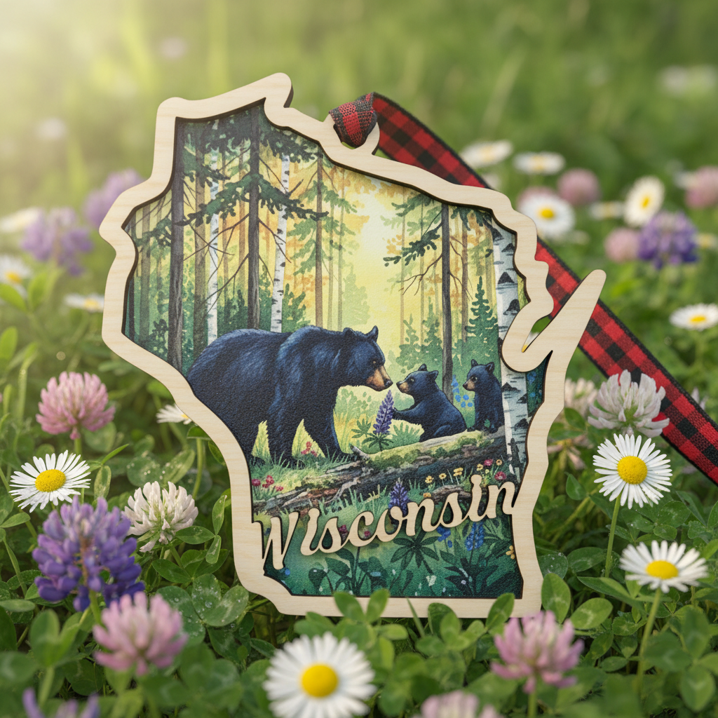 A wooden ornament shaped like the state of Wisconsin, featuring an illustration of black bears in a forest and the word 'Wisconsin' at the bottom, hanging outdoors among green clover and small white and pink flowers. A red plaid ribbon is tied at the top.