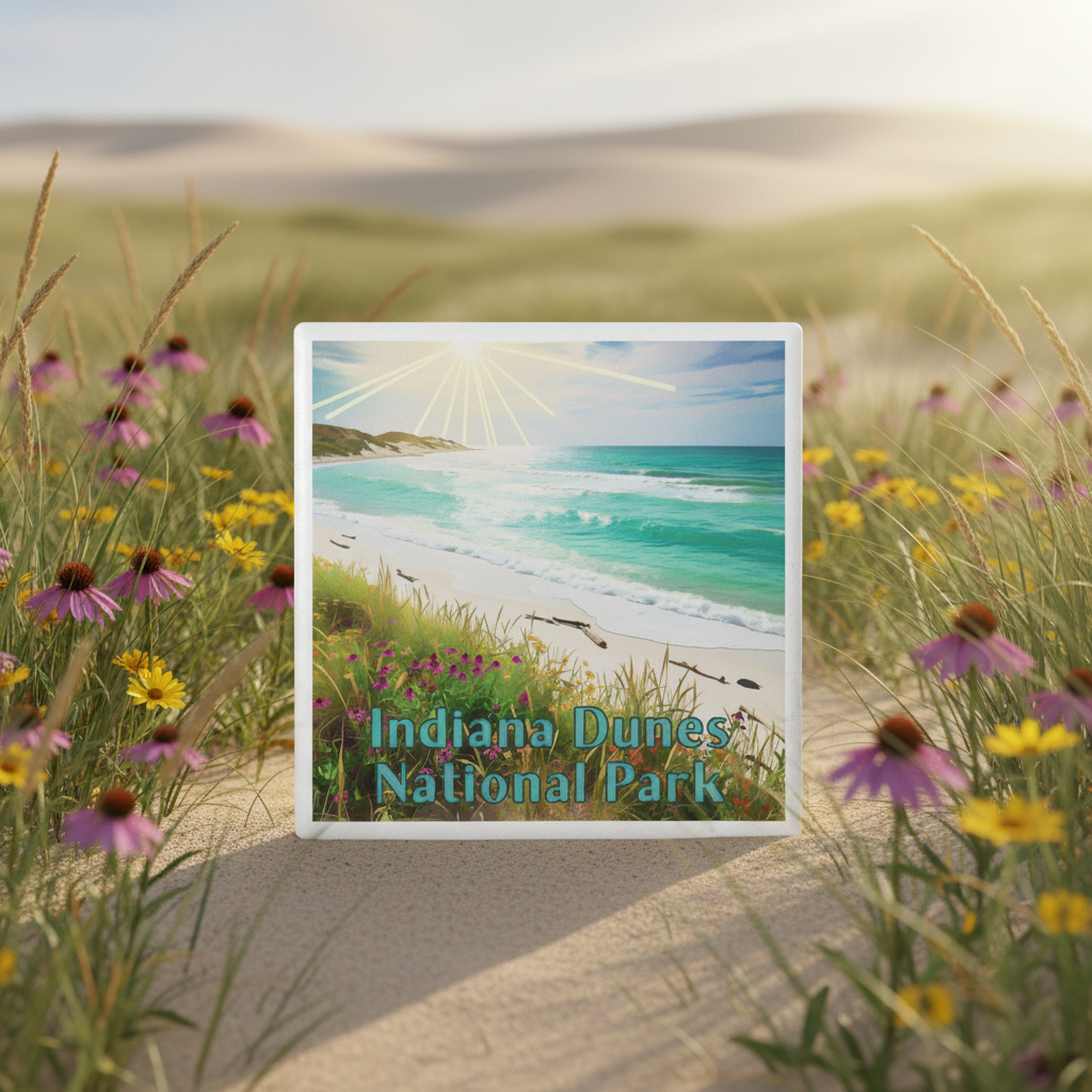 A square coaster featuring a beach scene labeled 'Indiana Dunes National Park,' placed on sand in a field of purple and yellow wildflowers with a blurred beach background.