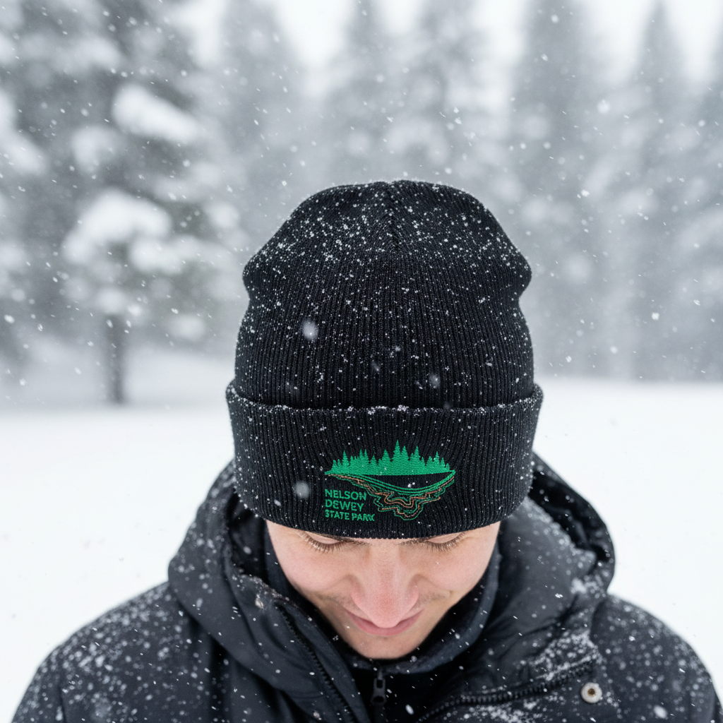 Person wearing a black beanie with green embroidered Nelson Dewey State Park design in a snowy landscape