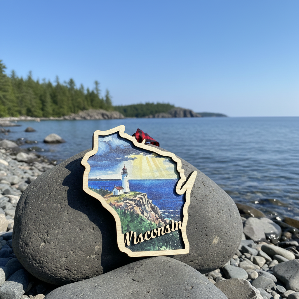 A Wisconsin-shaped wooden ornament with a lighthouse and lake scene, resting on a large gray rock on a rocky shoreline with water and trees in the background.