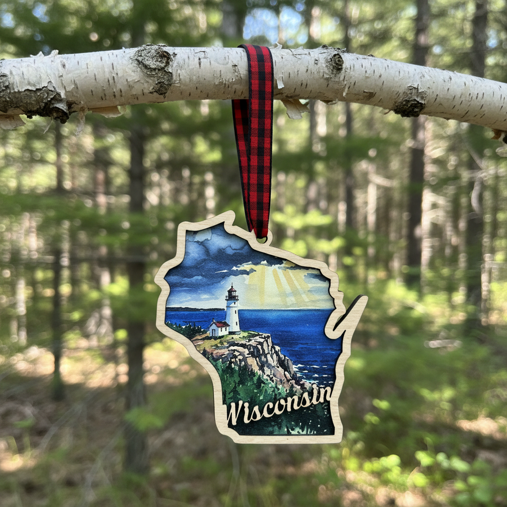 A Wisconsin-shaped ornament with a lighthouse landscape print hangs from a red and black plaid ribbon on a birch branch, with a blurred forest background.