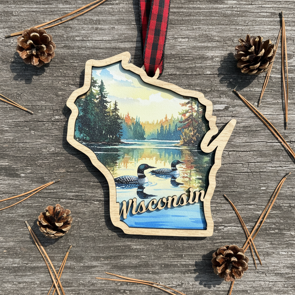 A wooden ornament shaped like the state of Wisconsin, featuring a painted landscape with loons in a lake and the word 'Wisconsin' in script. The ornament hangs from a red-and-black plaid ribbon and is photographed on a weathered wood surface with pinecones and pine needles around it.