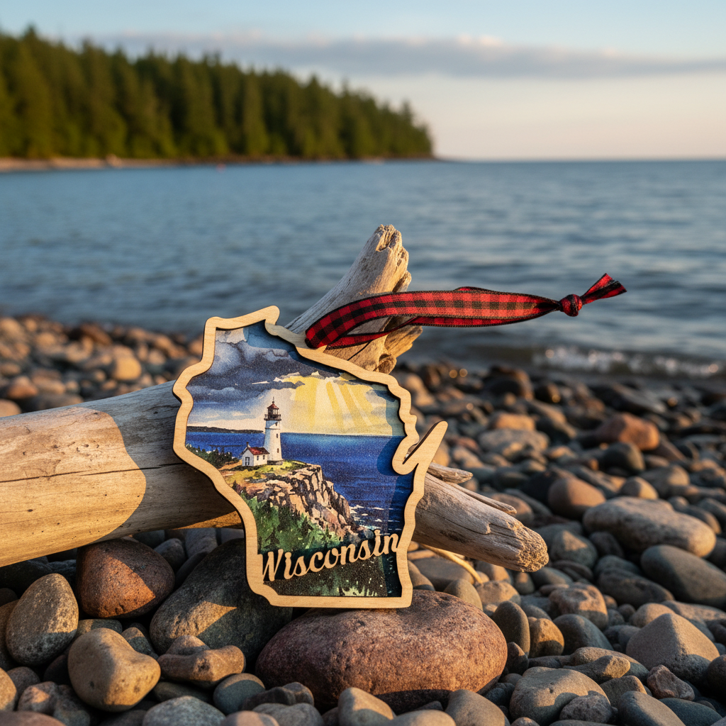A Wisconsin-shaped ornament with a lighthouse scene and the word 'Wisconsin' on it, resting on driftwood on a rocky shoreline with water and a tree-lined island in the background. A red plaid ribbon is attached at the top.