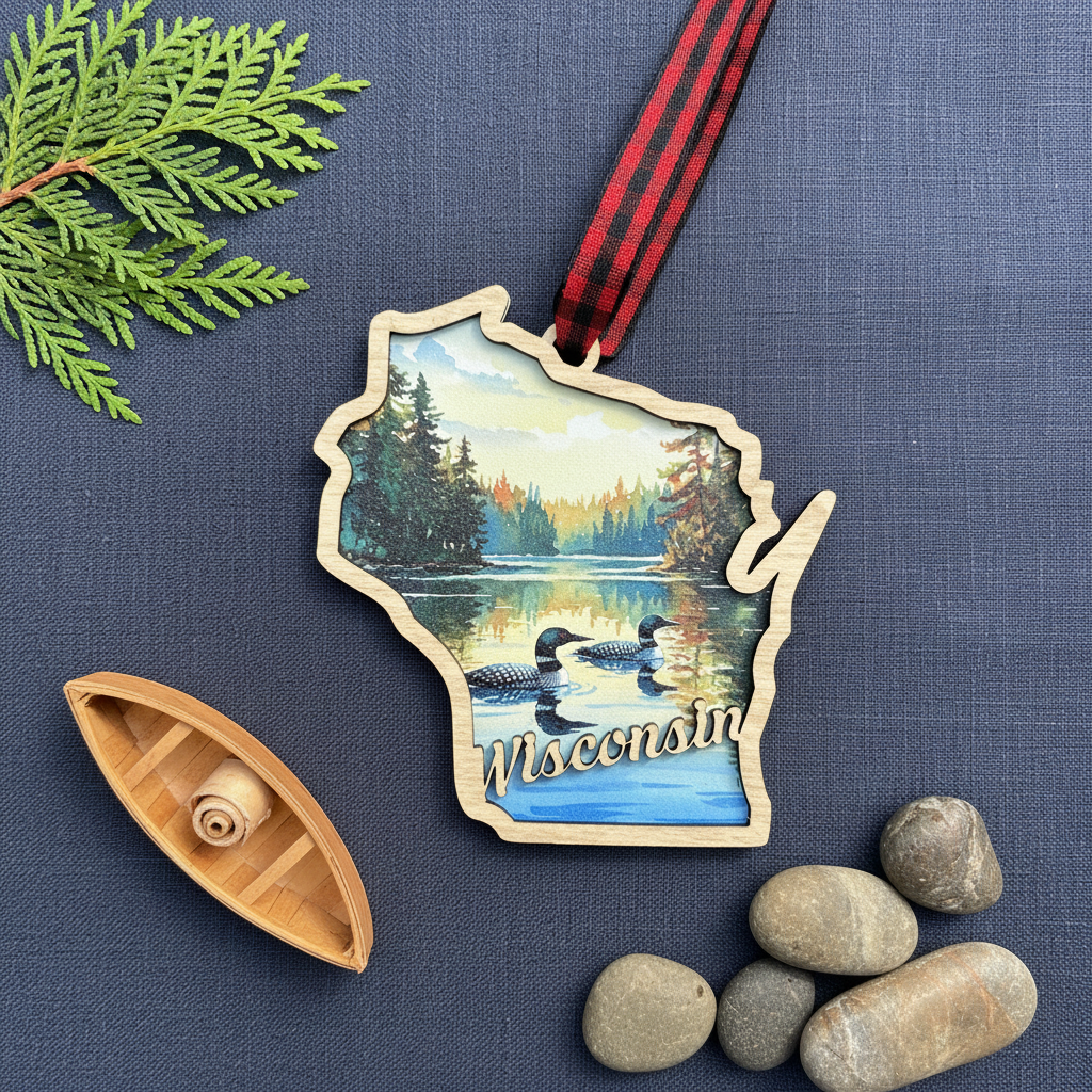 A Wisconsin-shaped ornament with a painted lakeside forest scene and the word 'Wisconsin' on the bottom, hanging from a red-and-black plaid ribbon. The ornament is styled on a dark blue textured surface with a small wooden boat, stones, and evergreen branches around it.