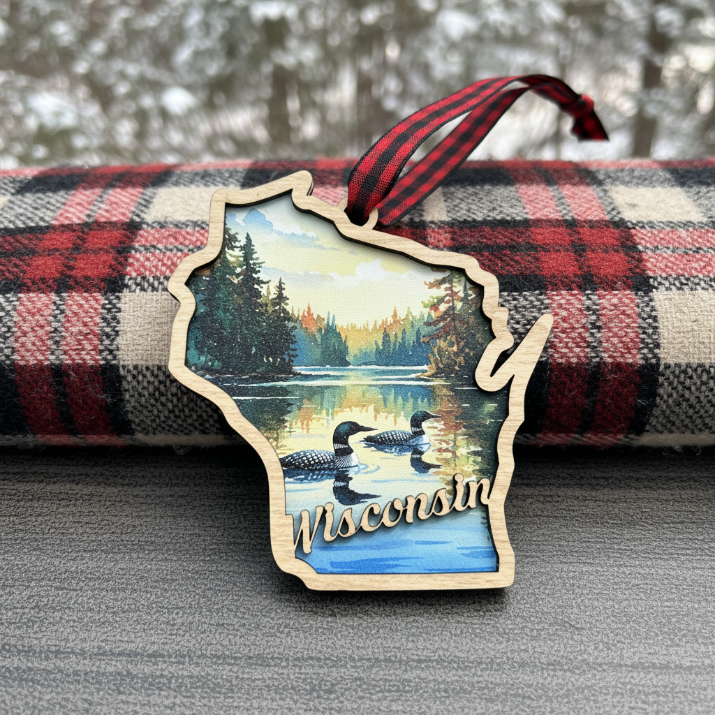 A wooden ornament shaped like the state of Wisconsin, featuring a painted landscape with loons on a lake and the word 'Wisconsin' across the bottom, hanging from a red-and-black striped ribbon. It is displayed in front of a red, black, and beige plaid fabric roll on a gray surface.