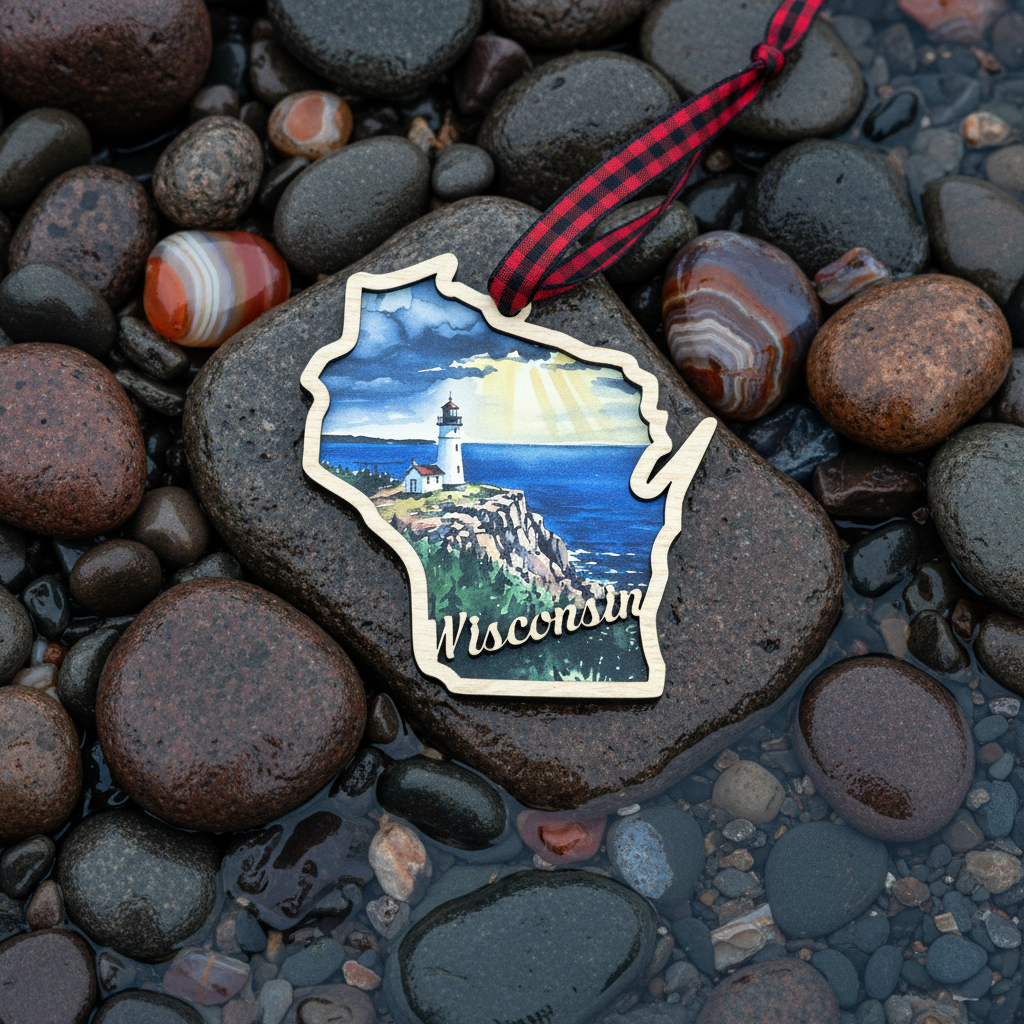 Wisconsin-shaped ornament featuring a lighthouse and ocean landscape with the word Wisconsin, hanging from a red-and-black plaid ribbon over wet river stones.