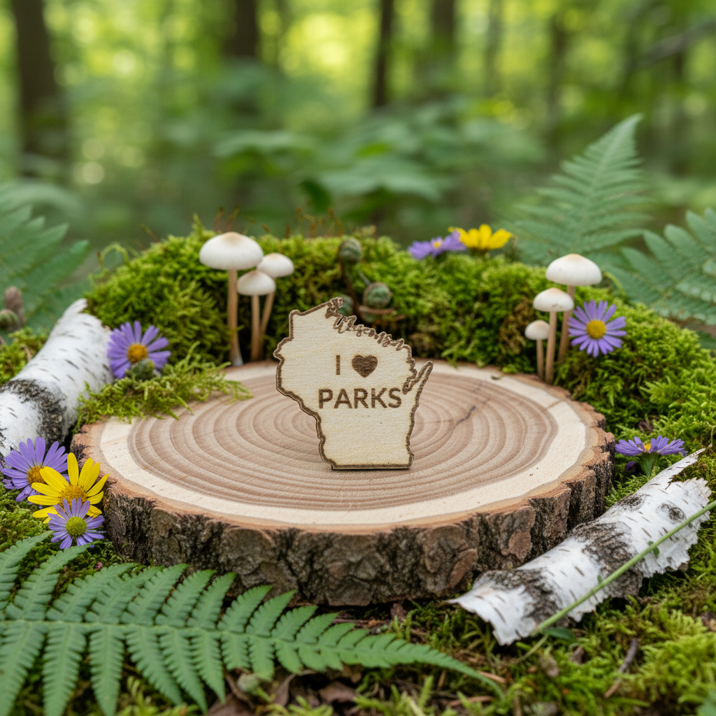 Wooden 'I ❤️ PARKS' sign on a tree stump with flowers and ferns in the background