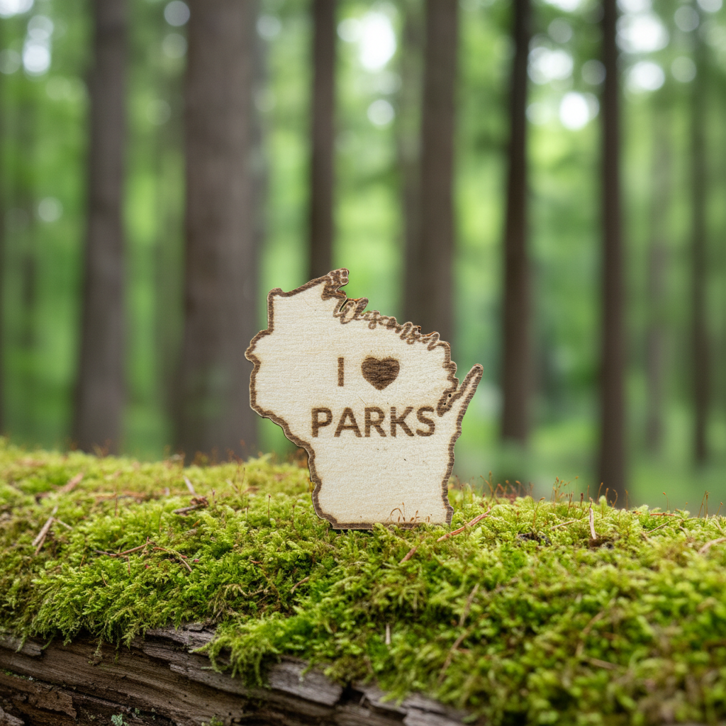 Wooden 'I ❤️ PARKS' sign on a mossy log with a forest background