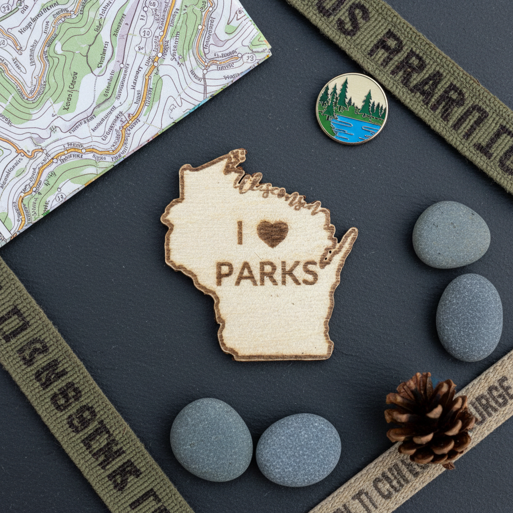 Wooden ornament shaped like Wisconsin with 'I ❤️ Parks' text, surrounded by stones and a map.