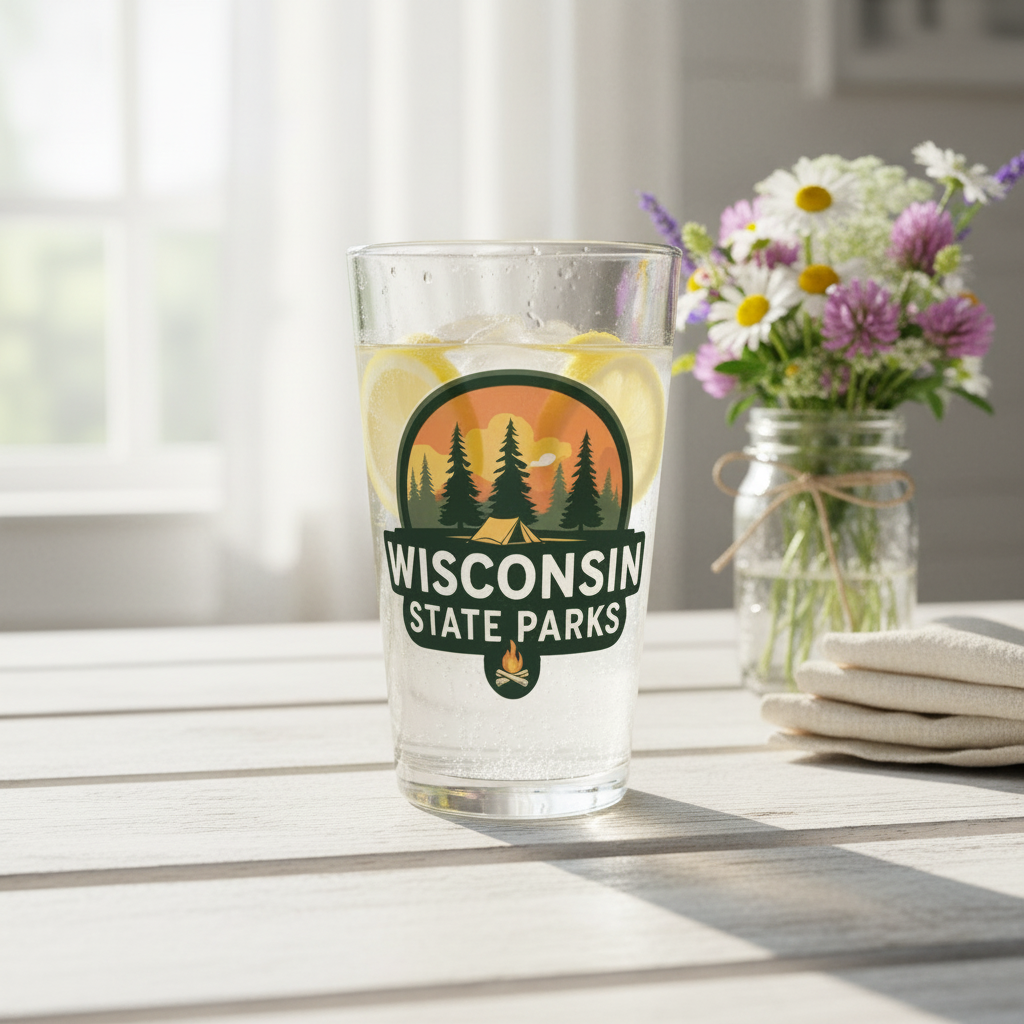 Glass with 'Wisconsin State Parks' logo on a table with flowers and napkins.