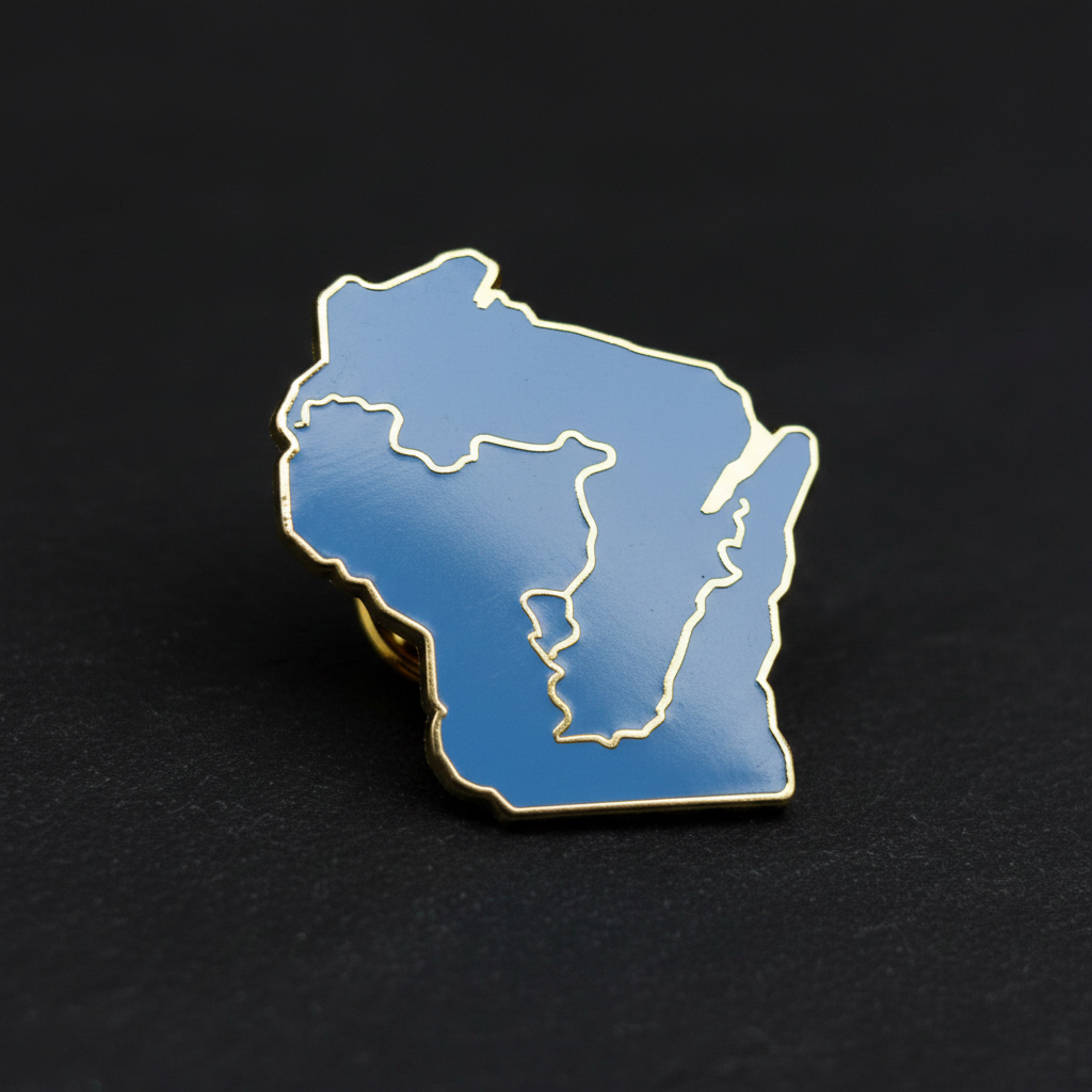 Blue Wisconsin-shaped pin showing the Ice age Trail on a black background