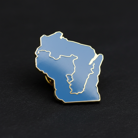Blue Wisconsin-shaped pin showing the Ice age Trail on a black background