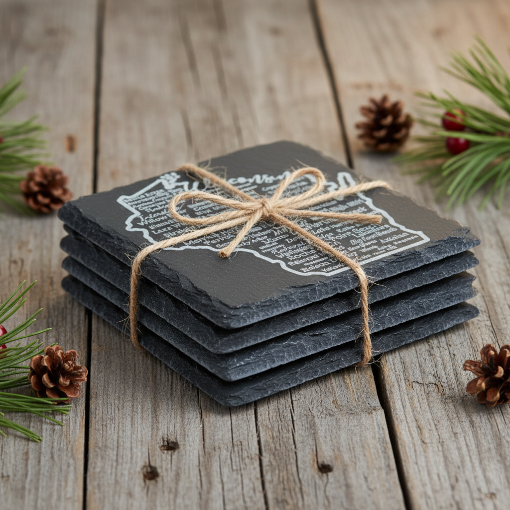Set of slate coasters tied with twine on a wooden surface with pine cones and branches.