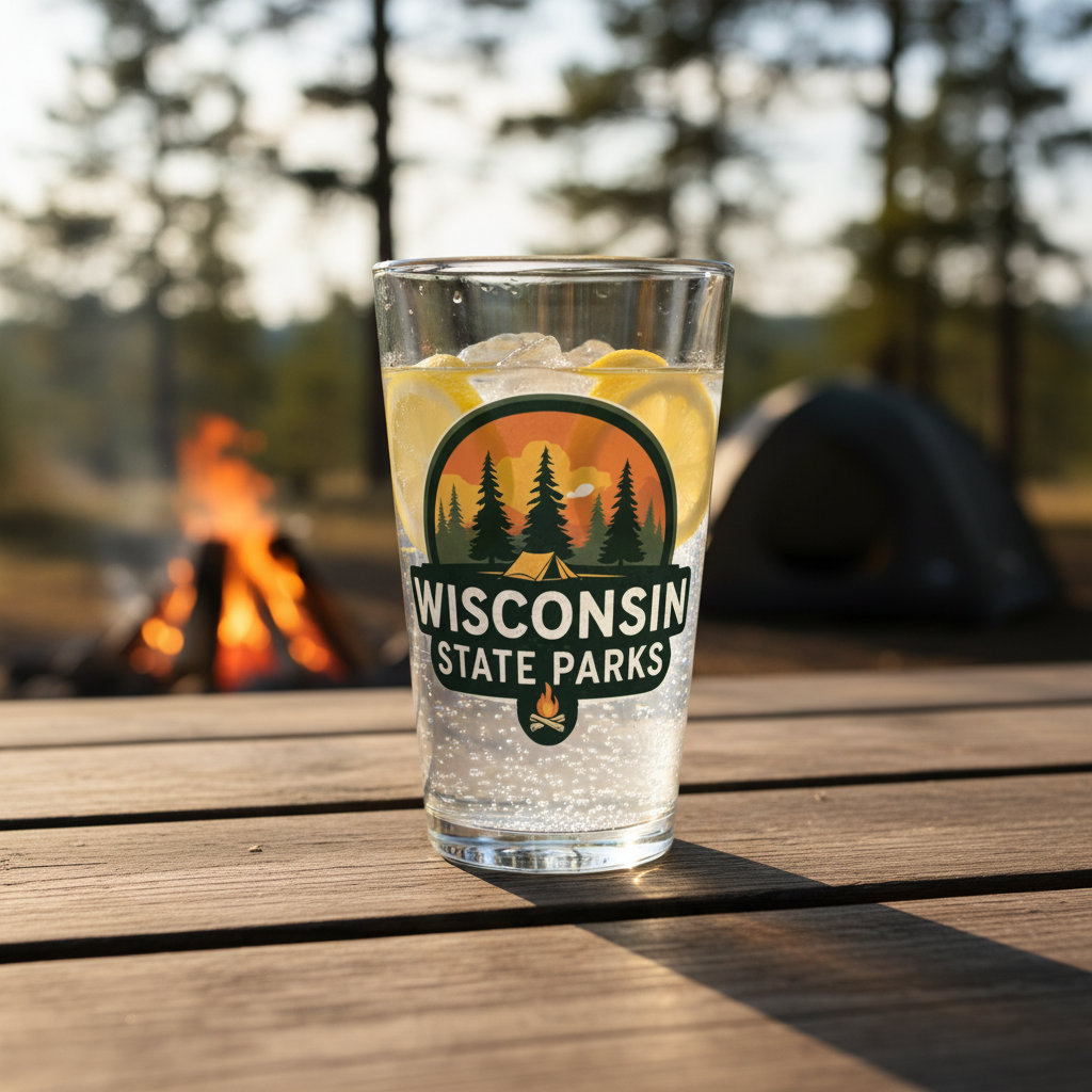 Glass of lemonade with ice on a wooden table, featuring the Wisconsin State Parks logo, with a blurred background of a campfire and tent.