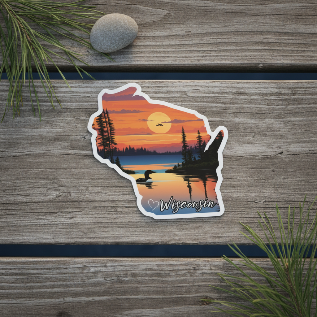 Sticker of a loon with sunset design on wooden surface